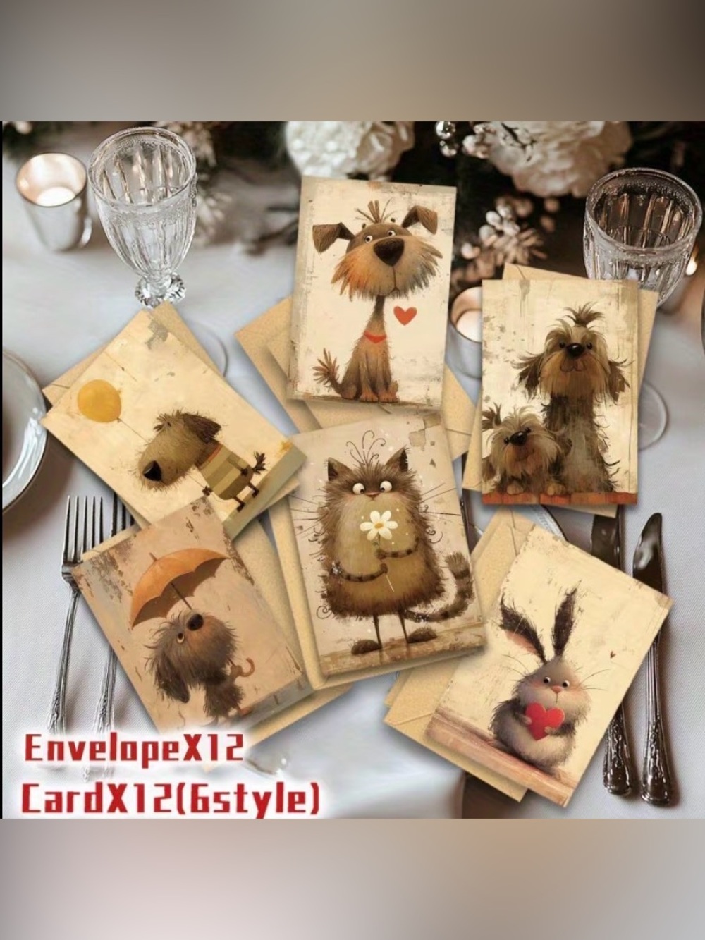 12 Whimsical Pet Thank You Cards & Envelopes.